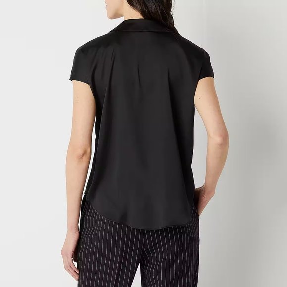 Worthington Womens Satin Black Short Sleeve Regular Fit Button-Down Shirt MEDIUM - Picture 3 of 9